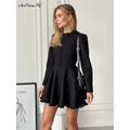 Mnealways18-Robe trapèze en dentelle noire élégante à boutons col rond manches longues slim