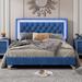 Full/Queen Size Velvet Bed Frame with LED Lights, Upholstered, Upholstered Platform Bed with Crystal Tufted Headboard