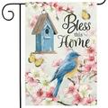 HGUAN Bless This Home Cherry Blossom Birds Garden Flags 12Ã—18 Double Sided Vertical Spring Pink Flowers Birdhouse Yard Flags for Farmhouse Yard Holiday Outdoor Flags Decor