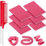 60 Pieces Flexi Rods Flexible Curling Rods Hair Curlers Rollers Twist Flexi Rods Hair Curlers Set No Heat Hair Rods Rollers Flexible Rods for Long Short Hair Women Girls (Red 0.6 x 9.5 Inch)