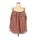 Boutique + 3/4 Sleeve Blouse: Cold Shoulder Cold Shoulder Brown Floral Tops - Women's Size 1X Plus - Print Wash