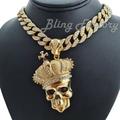 Iced CROWNED SKULL Pendant & 15mm 16 ~ 30 Iced Cuban Choker Chain Necklace