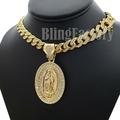 Iced Guadalupe Virgin Mary Pendant & 18 Box Lock Cuban Choker Chain Necklace