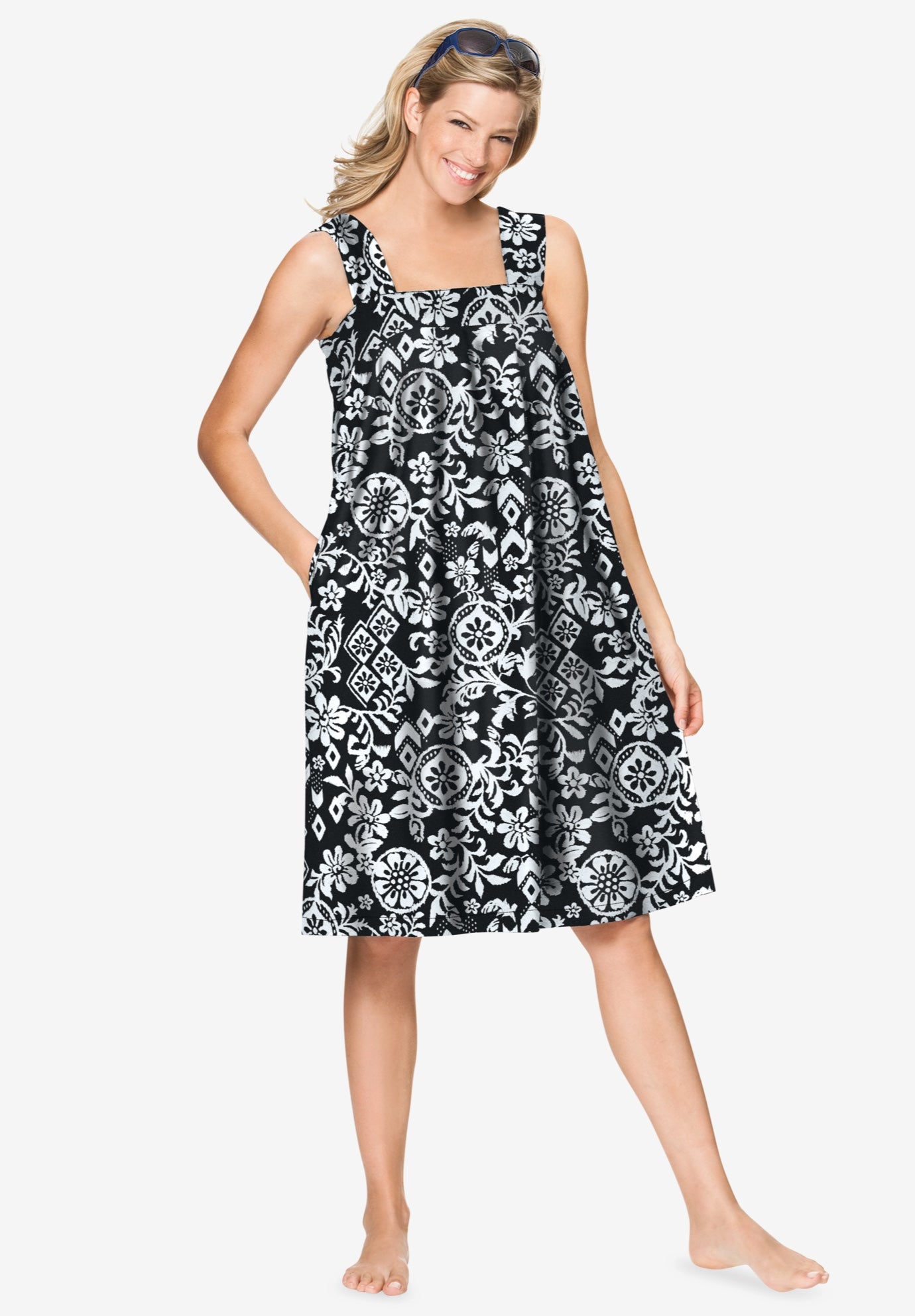 Plus Size Women's Print Sleeveless Square Neck Lounger by Dreams & Co. in Black Floral Scroll (Size 2X)