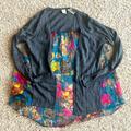 Anthropologie Sweaters | Anthropologie Yellow Bird Silk Spliced Cardigan Gray Blue Pink Floral Sheer Back | Color: Blue/Gray | Size: S
