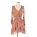 Jessica Simpson Cocktail Dress - Mini V-Neck 3/4 sleeves: Orange Print Dresses - Women's Size Small