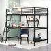 Twin Size Metal Loft Bed with Long Desk and Open Shelf, Metal Bed with Ladder, Wood Slats and Full-Length Guardrail