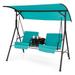 2-Person Canopy Porch Swing Padded Chair Cooler Bag Rotatable Tray Turquoise