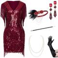 BABEYOND 1920s Flapper Dress Long Fringed Gatsby Dress Roaring 20s Sequins Beaded Dress Vintage Art Deco Dress, 2 Set - Wine Red, XL