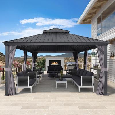 PURPLE LEAF Outdoor Galvanized Steel Hardtop Gazebo, Aluminum Frame Gazebo With Curtains and Light