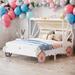 White+Pink Full Size Platform Bed Car Bed with Canopy,Kids Princess Carriage Bed