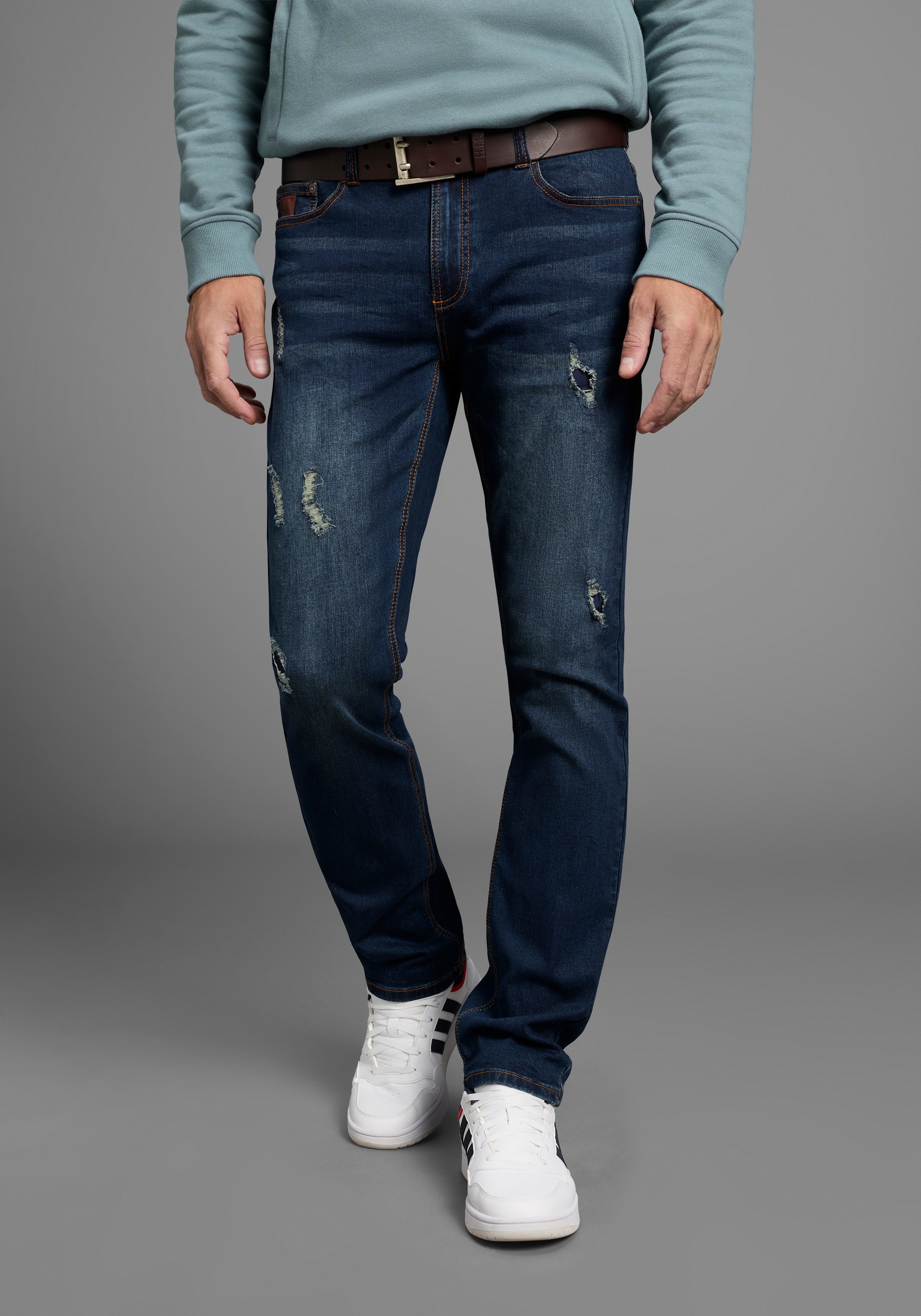 Straight-Jeans BRUNO BANANI "Hutch", Herren, Gr. 30, Länge 30, blau (blau dam.), Denim/Jeans, Obermaterial: 98% Baumwolle, 2% Elasthan, Destroyed-Effekte, normal lang, Jeans Straight-Jeans, gerade geschnittenes Bein, niedrige Leibhöhe, reguläre...