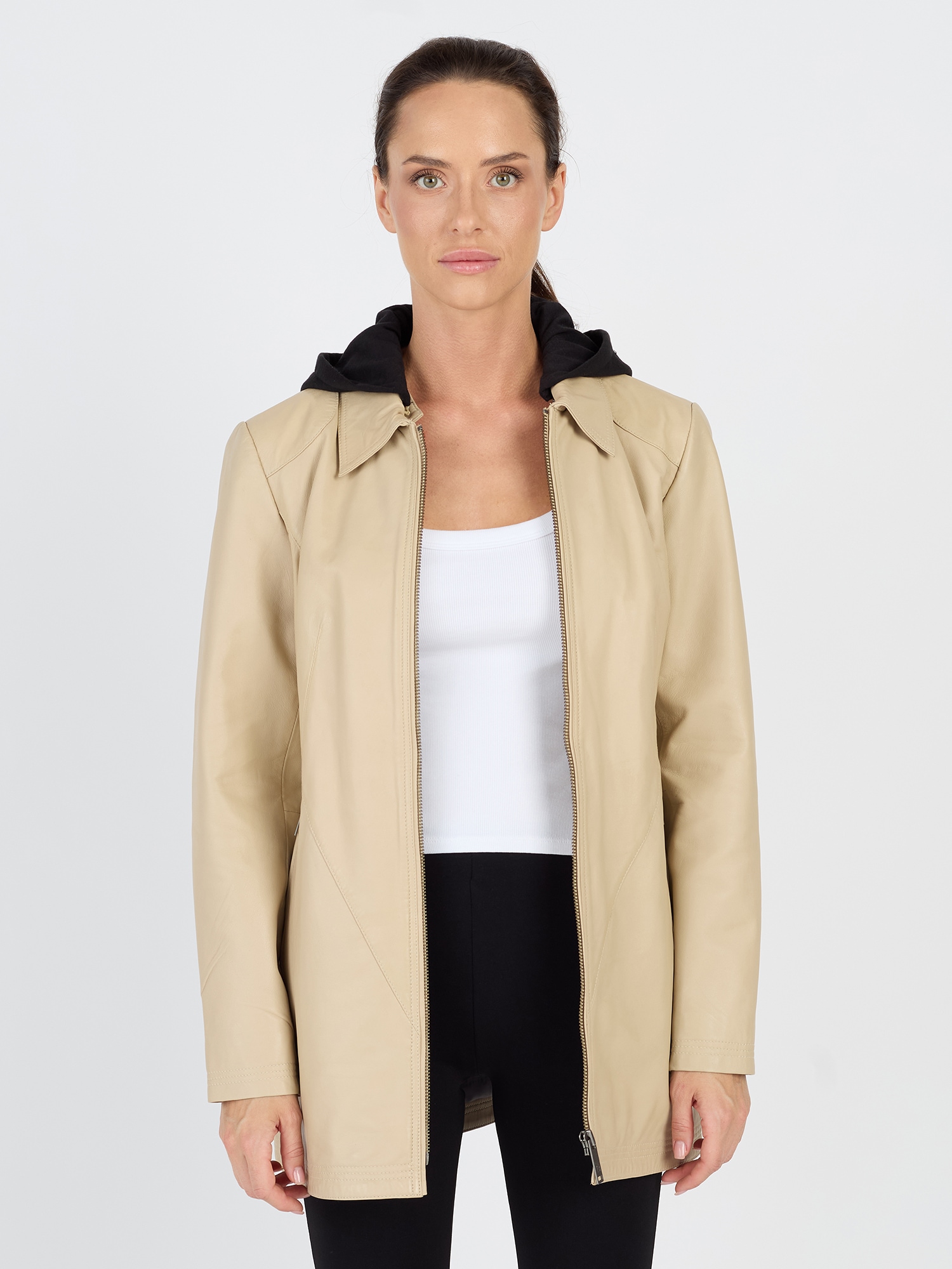 Lederjacke JCC "3102220", Damen, Gr. 44, beige (smoky beige), Oberstoff: 100% Leder; Innenfutter: 100% Polyester; Ärmelfutter: 100% Polyester; Kapuze: 100% Polyester, Jacken Image