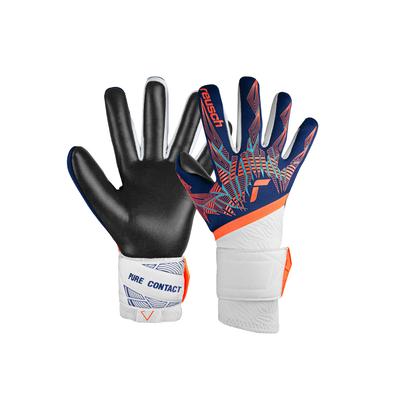 Torwarthandschuhe REUSCH "Pure Contact Gold", Damen, Gr. 8, blau (blau, orange), 80% Elastodien, 13% Polyester, 6% Polyamid, 1% Polyurethan, mehrfarbig, sportlich, Handschuhe, mit Hybrid Negative Cut