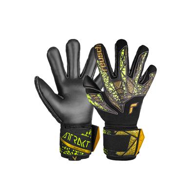 Torwarthandschuhe REUSCH "Attrakt Duo Finger Support", Damen, Gr. 8,5, gold (schwarz, goldfarben), 50% Elastodien, 25% Polyester, 20% Polypropylen, 5% Polyamid, mehrfarbig, sportlich, Handschuhe, mit Evolution Negative Cut