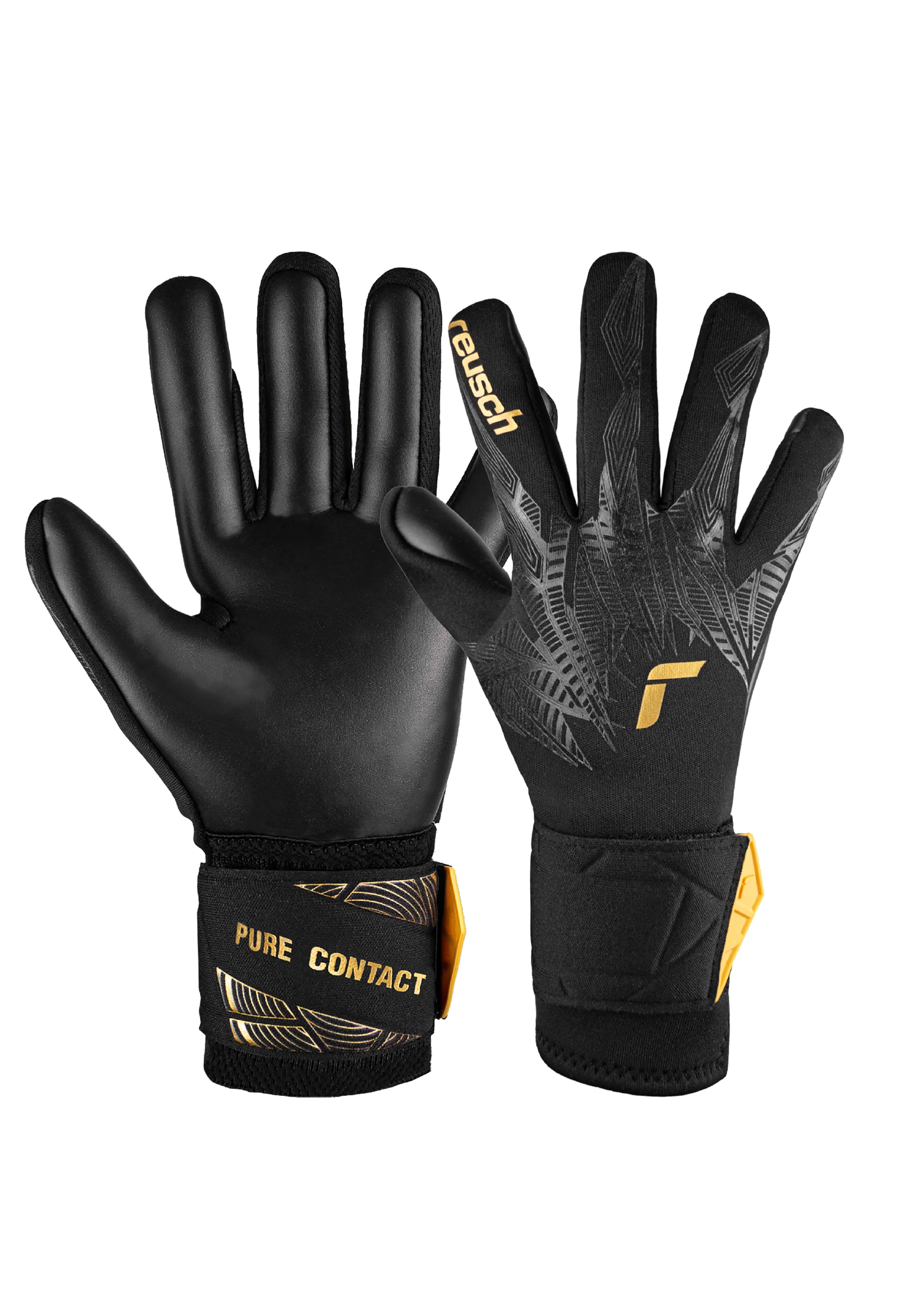 Torwarthandschuhe REUSCH "Pure Contact Infinity Junior", Kinder, Gr. 4,5, gold (schwarz, goldfarben), 48% Elastodien, 45% Polyester, 7% Polyamid, mehrfarbig, Handschuhe, mit Hybrid Negative Cut