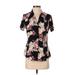 Calvin Klein Short Sleeve Blouse: Black Floral Tops - Women's Size X-Small