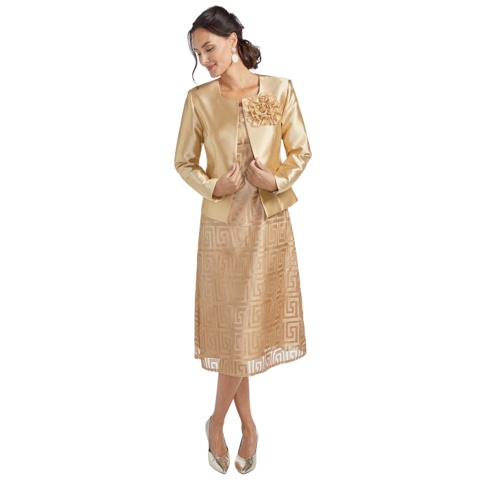 Masseys Geometric Dress with Jacket (Size 14) Champagne, Polyester