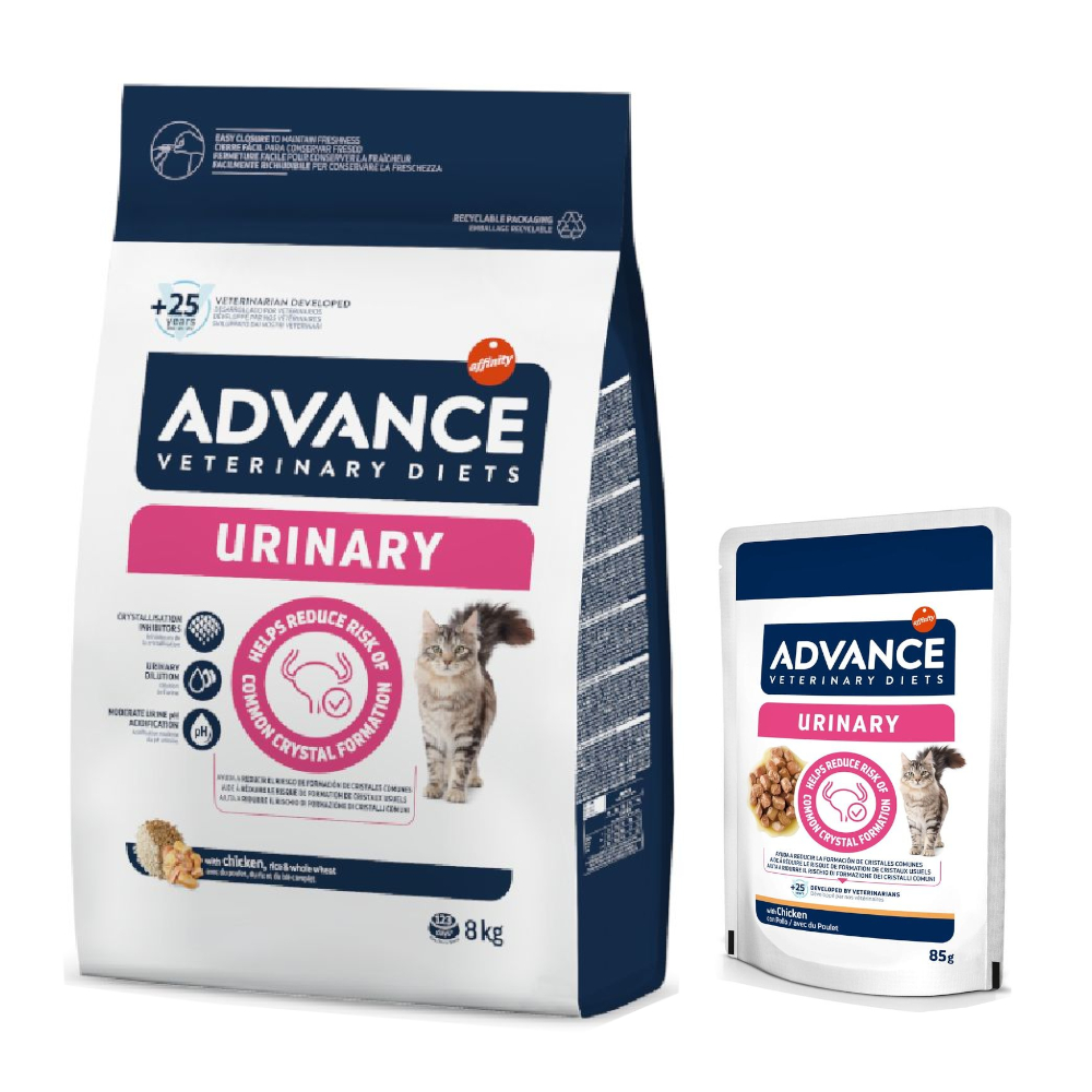 Prezzo speciale! 8 kg Advance Veterinary Diets Crocchette + 12 x 85 g Advance Veterinary Diets - 8 kg Urinary Cat + 12 x 85 g Cat Urinary