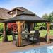 Outdoor Hardtop Gazebo 12ft x 12ft Cedar Wood Frame Pergola with Metal Double Roof&Curtains Netting for Patio Brown