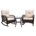 3 Pieces Conversation Set Outdoor Wicker Rocker Patio Bistro Set Rocking Chair with Glass Top Side Table