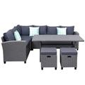 5 Pcs Outdoor Conversation Set Patio Furniture Set All Weather Wicker Sectional Couch Sofa Dining Table Chair w/ Ottoman&Pillow