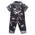 Baby Pajamas Boys Girls Satin Short Sleeve Cartoon Button Down Shirt Tops + Long Pants Silk Outfits Loungewear Set Kids Sleepwear Navy 2 Years-3 Years