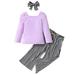 ASFGIMUJ Toddler Girl Outfits Three Pieces Spring Summer Striped Long Sleeve Tops Pants Headbands Toddler Fall Outfits Purple 3 Years-4 Years