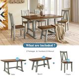 6-Piece Wood Dining Table Set Kitchen Table Set with Long Bench and 4 Dining Chairs, Farmhouse Style, Walnut+Gray