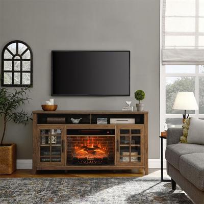 Farmhouse Style Wooden TV Stand with Electric Fireplace KD Inserts Heater and Remote Control