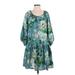 H&M Casual Dress - DropWaist Scoop Neck 3/4 sleeves: Teal Print Dresses - Women's Size Small