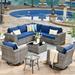 Wade Logan® Baili Rattan Sectional Seating Group w/ Cushions Synthetic Wicker/All - Weather Wicker/Metal/Wicker/Rattan in Blue | Outdoor Furniture | Wayfair