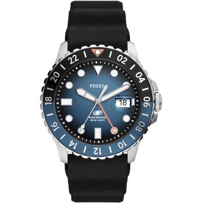 Quarzuhr FOSSIL "FOSSIL BLUE GMT", schwarz (schwarz, schwarz, blau), Armbanduhren, Herren, Armbanduhr, Damenuhr, Datum, Silikonarmband, bis 10 bar wasserdicht Image