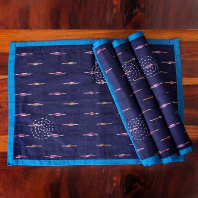 Ikat Glory,'Set of 4 Reversible Cotton Placemats in Blue and Red'