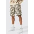 Mens Grey Washed Camo Fixed Waist Relaxed Cargo Shorts, Grey