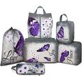 6 Pcs Compression Packing Cubes Waterproof Suitcase Travel Bag Luggage Backpack Organizer Travel Cubes for Packing-Purple Butterfly