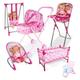 hxoity Kids 6-in-1 Role Play Baby Doll Play Set Included Trolley, Bouncer, Adjustable Swing Seat, High Chair, Cot Bed and Dining Chair Accessories for Girls & Boys Aged 3+