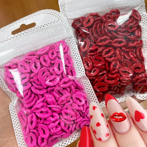 Breloques pour ongles 3D, lèvres roses/rouges, amour, saint-valentin, doux, cœur, Design en alliage,