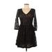 Pinky Casual Dress - A-Line V-Neck 3/4 sleeves: Black Print Dresses - Women's Size Medium