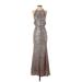 Badgley Mischka Cocktail Dress - A-Line Halter Sleeveless: Silver Leopard Print Dresses - Women's Size 2 Tall