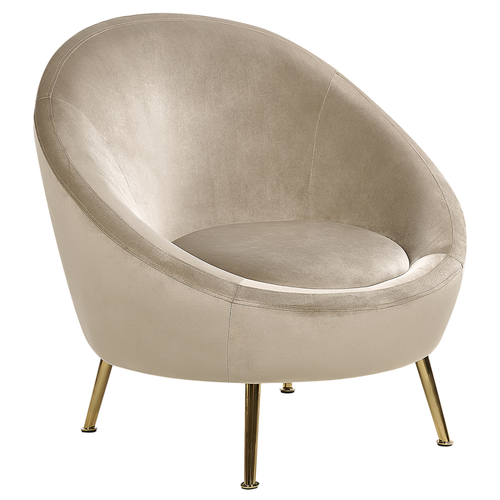 Sessel Taupe Samtstoff Rund Ovale Sitzschale mit Goldenen Metallbeinen Glamourös Retro Wohnzimmer Garderobe Cocktailsessel Sitzmöbel