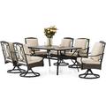 & William Patio Table and Chairs with 13ft Double-Sided Umbrella 8 Piece Outdoor Dining Furniture Set with 6 Padded Swivel Rocker Dining Chairs 1 Rectangular Metal Patio Table and 1