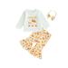 Qtinghua 3Pcs Infant Toddler Baby Girls Thanksgiving Outfits Long Sleeve Tops Pumpkin Flare Pants Headband Clothes White 0-6 Months