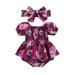 TheFound Newborn Baby Girl Smocked Romper Dress Floral Print Short Puff Sleeve Ruched Jumpsuit Bodysuit with Headband Set