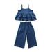 FOCUSNORM 2Pcs Baby Girl Summer Clothes Denim Sleeveless Ruffle Halter Strap Tank Tops Cami Wide Leg Long Pants Outfits