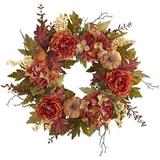 Nearly Natural 24in. Peony Hydrangea and Pumpkin Fall Artificial Wreath