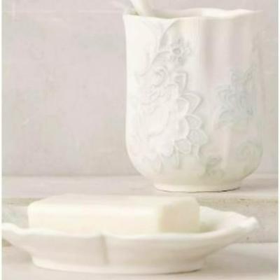 Anthropologie Bath | Anthropologie Morning Mist Bathroom Tumbler And Soap Dish (Floral / White/Sage) | Color: Green/White | Size: Os
