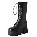 Alsoloveu Women's Platform Combat Boots Square Toe Chunky High Heel Mid Calf Boots Lace Up Boots for Women with Zipper UK Size 7, Black