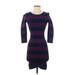 BCBGMAXAZRIA Casual Dress - Bodycon Crew Neck 3/4 sleeves: Purple Stripes Dresses - Women's Size X-Small