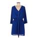 Express Casual Dress - Mini Plunge 3/4 sleeves: Blue Solid Dresses - Women's Size Medium